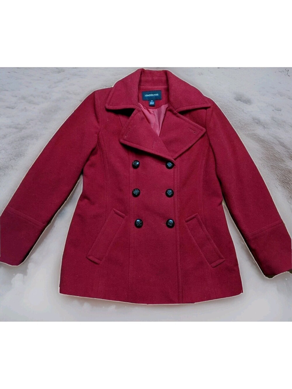 Macy's Double-Breasted Red Wool Pea Coat Winter Jacket Womens Medium London Fog